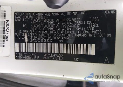 2006 Toyota Sienna Xle z USA, uszkodzony, nr VIN 5TDBA22C26S065317
